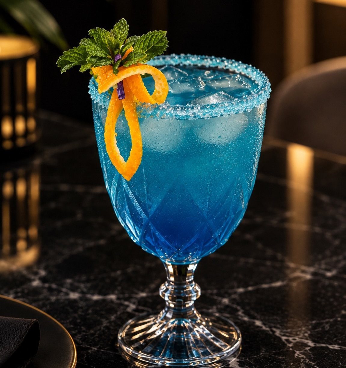 Blue cocktail in a faceted glass with orange peel and mint garnish.