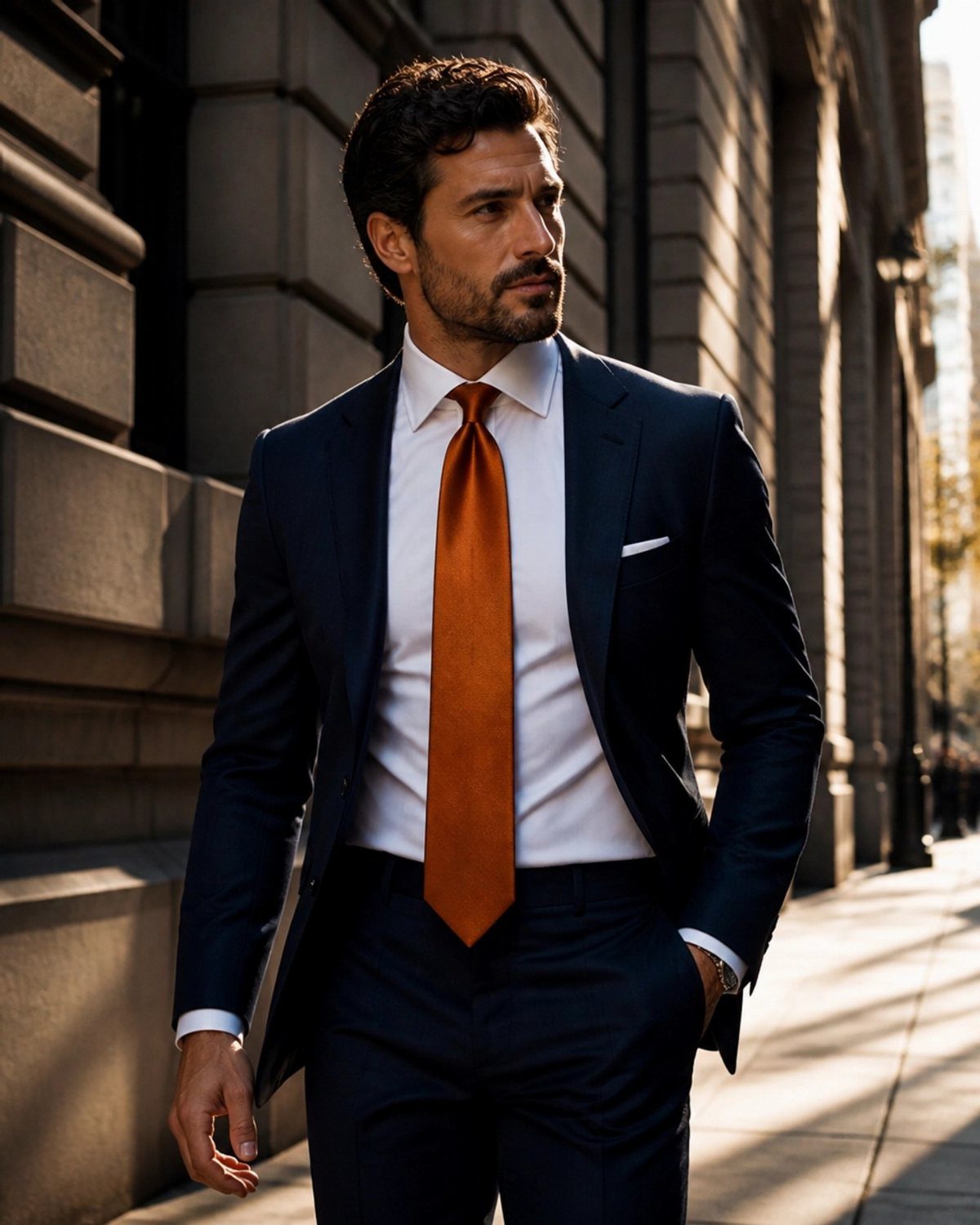 Man in a dark blue suit and orange tie standing by a stone building.