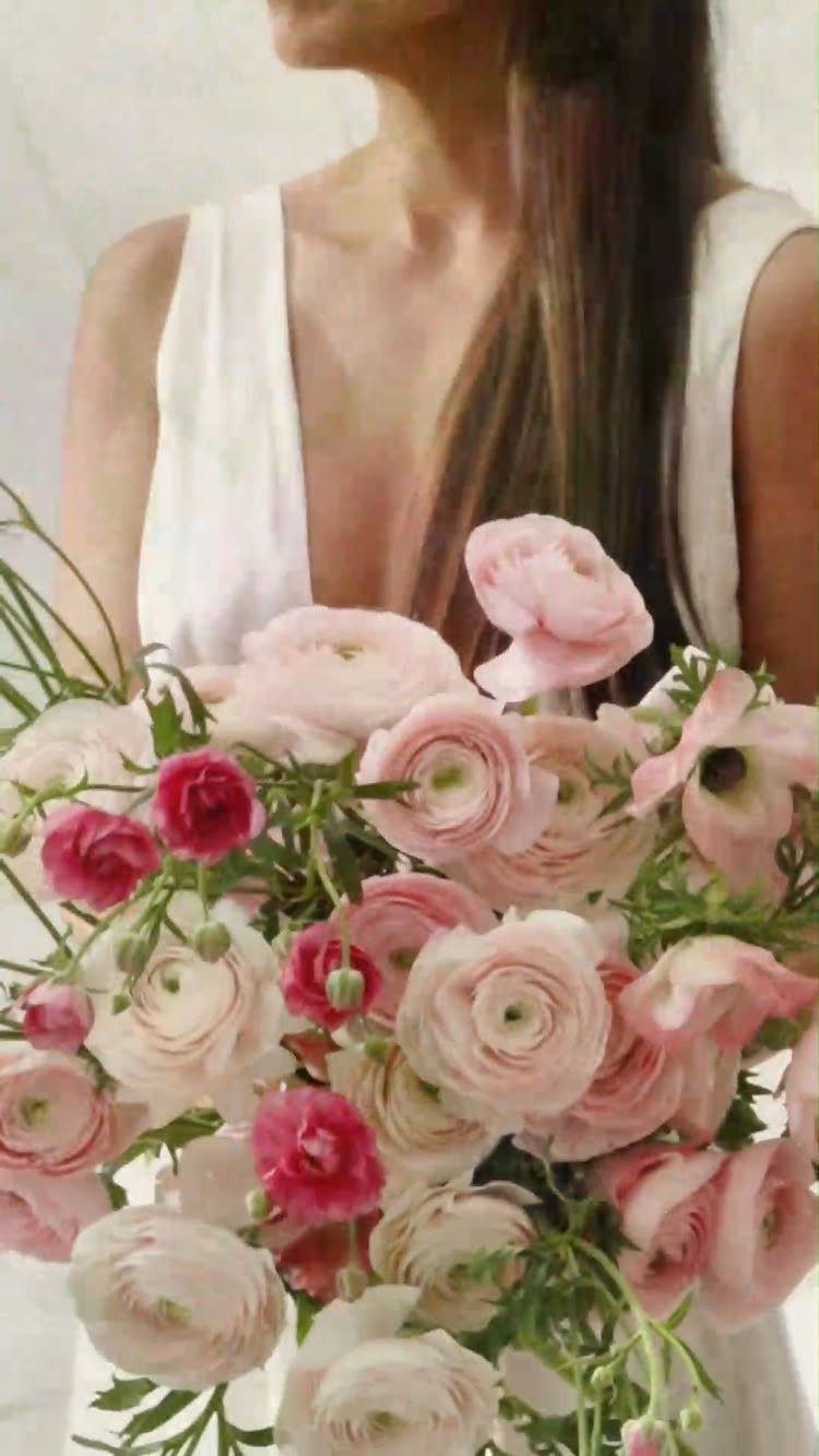 Bouquet of light pink and magenta ranunculus flowers held by a person.