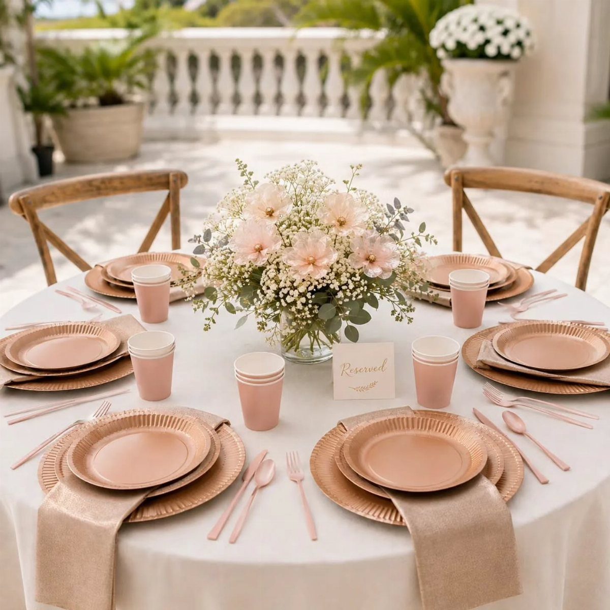 Rose gold plates, cups, and cutlery set on a white wedding table.