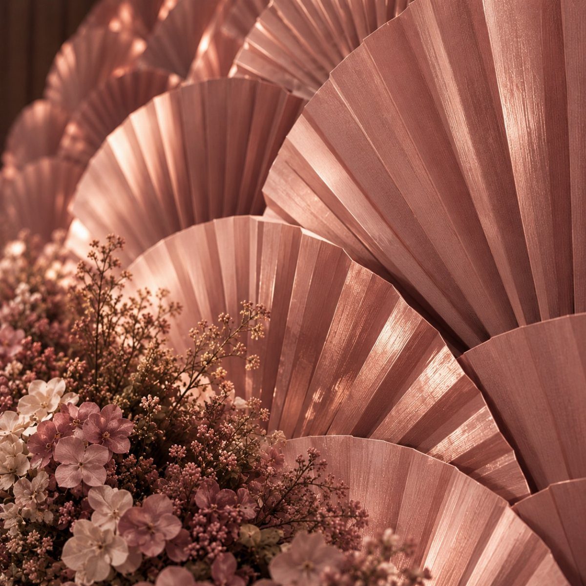 Rose gold metallic pleated fan backdrop with pink and white floral arrangements.