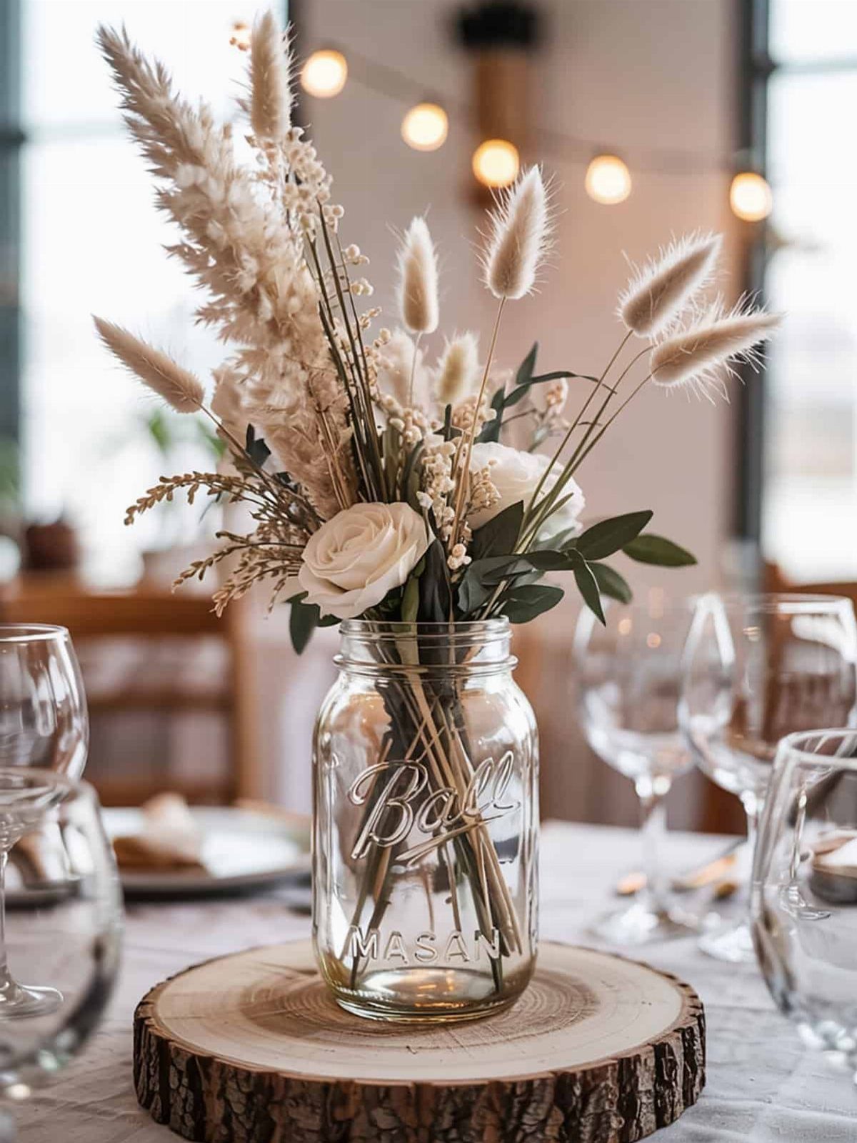 Mason jar centerpiece with white roses and pampas grass on a wood slice.