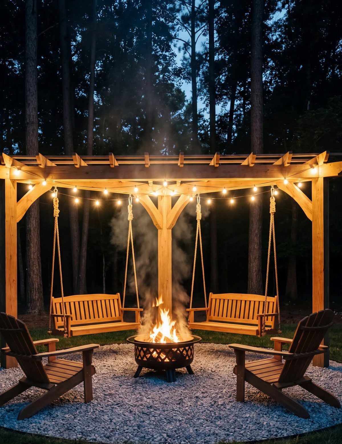 Outdoor fire pit area with wooden pergola, string lights, swings, and Adirondack chairs.