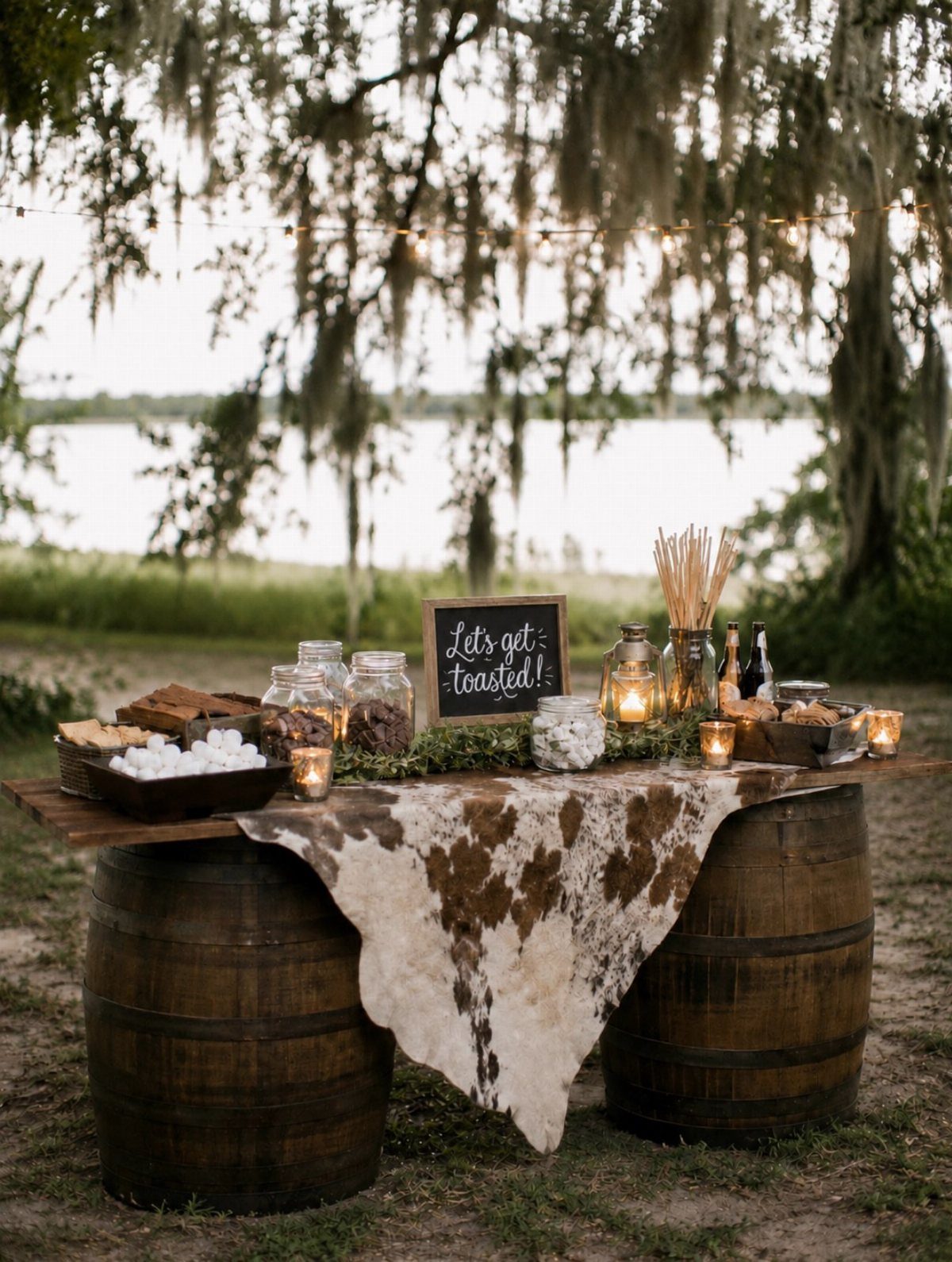 Wooden barrel bar station with cowhide runner and snacks in an outdoor setting