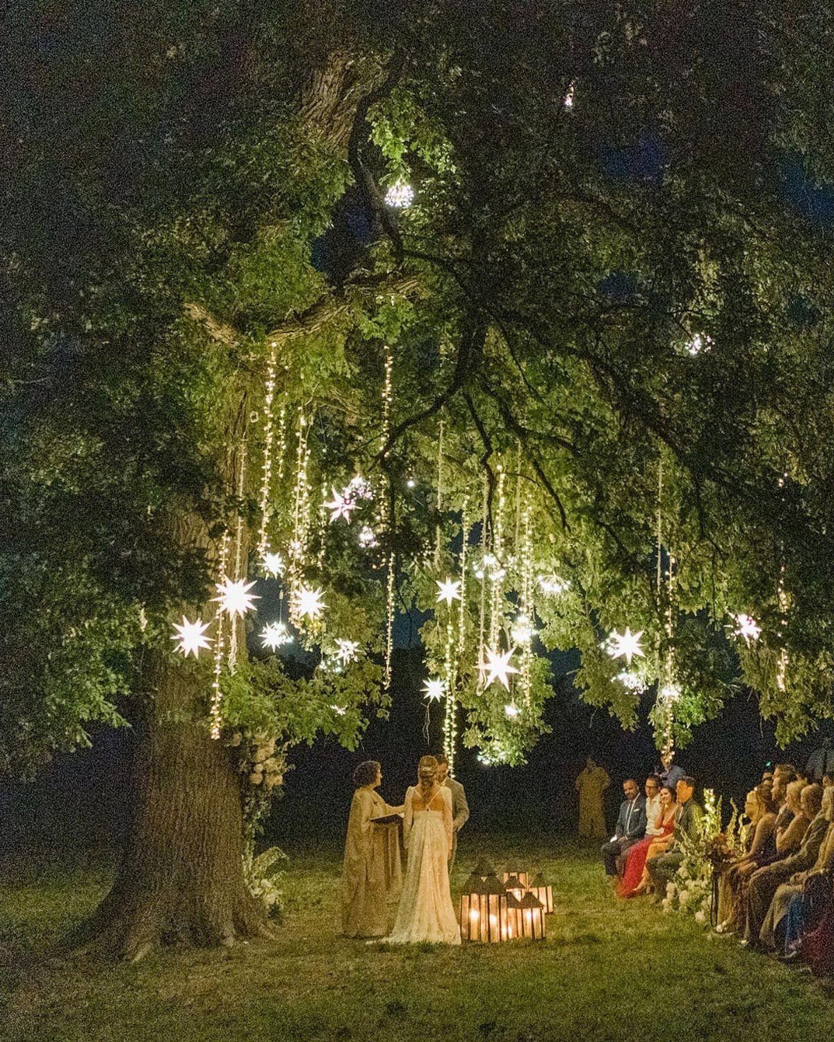 Wedding couple under a large tree decorated with hanging star lights at night