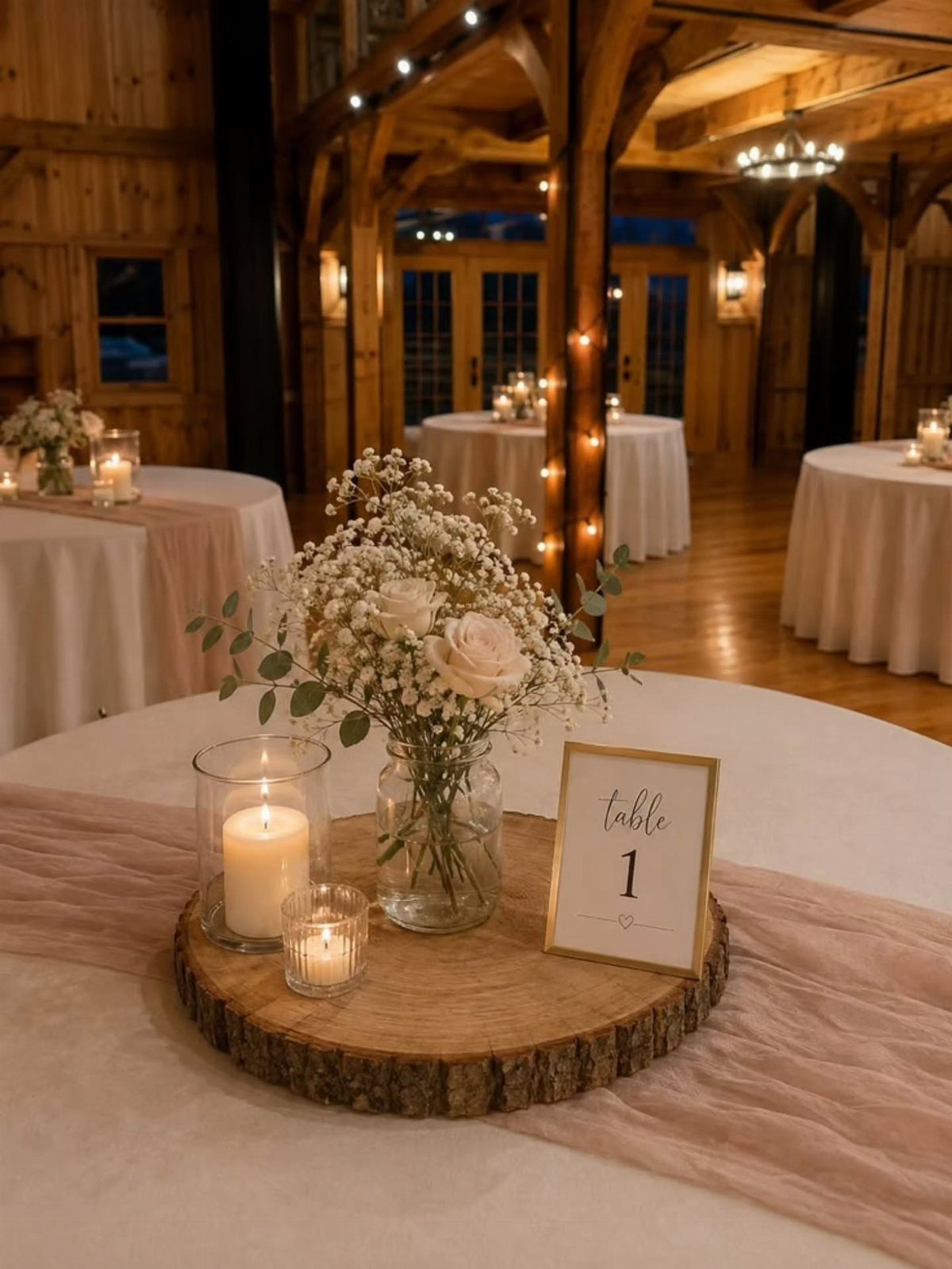 Rustic wedding centerpiece with flowers and candles on a wooden log slice base.