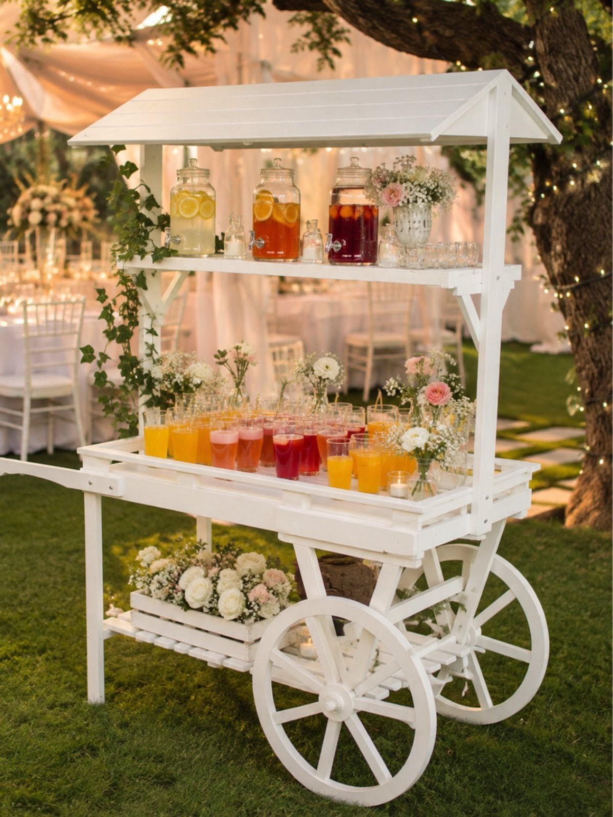 White wooden drink cart with colorful beverages and flowers in an outdoor garden setting.