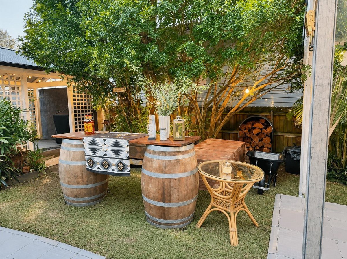 Wooden outdoor bar made from barrels and a plank top on a lawn