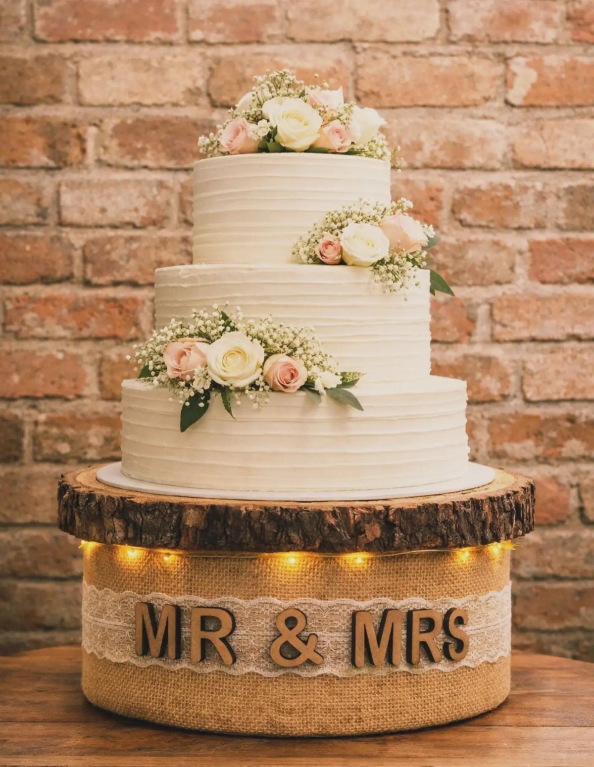 Three-tier white wedding cake on a burlap-wrapped wooden log stand with fairy lights.