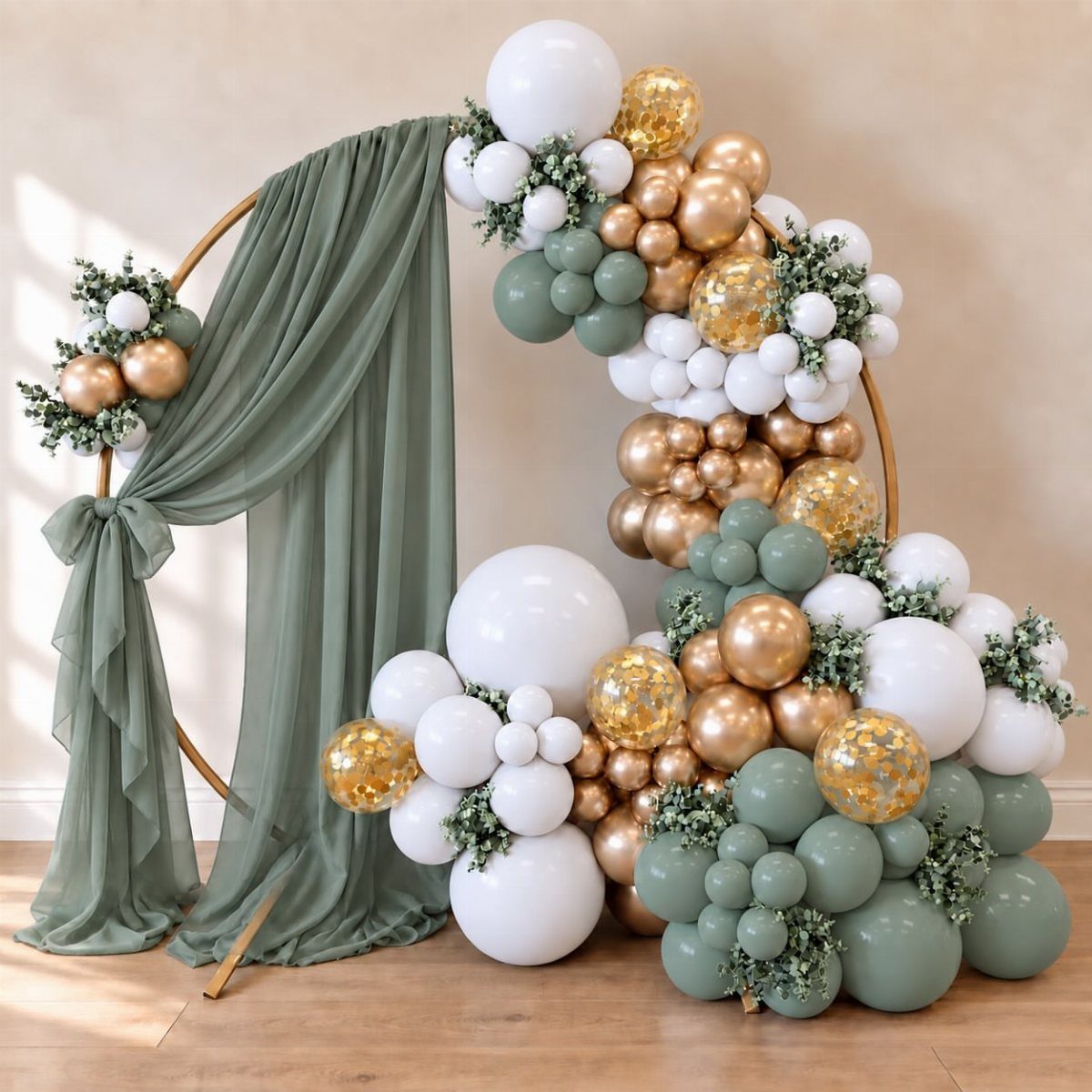 Gold circular arch with sage green fabric and white, gold, and green balloons.
