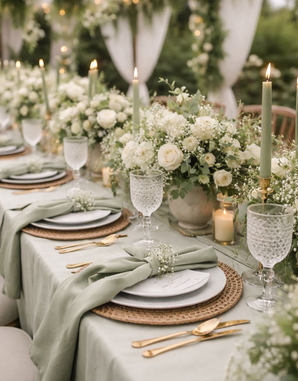 Sage green napkins tied with baby's breath on a wedding table setting