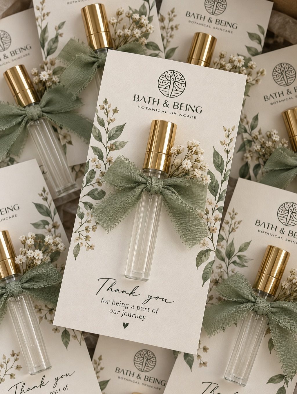 Small skincare bottles with sage green ribbons on botanical thank you cards.