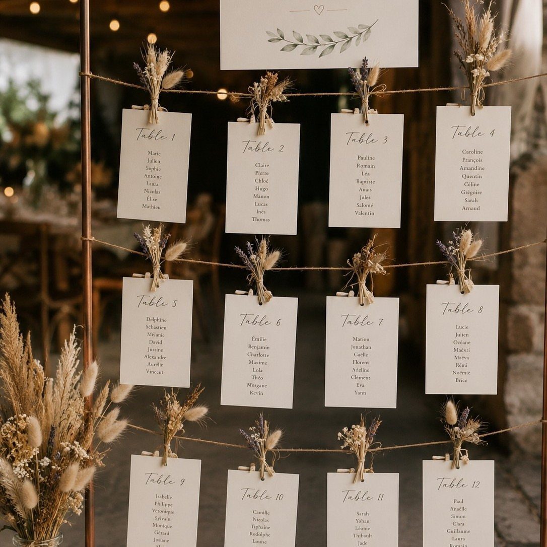 Wedding seating chart with white cards and dried flowers hanging from twine strings.