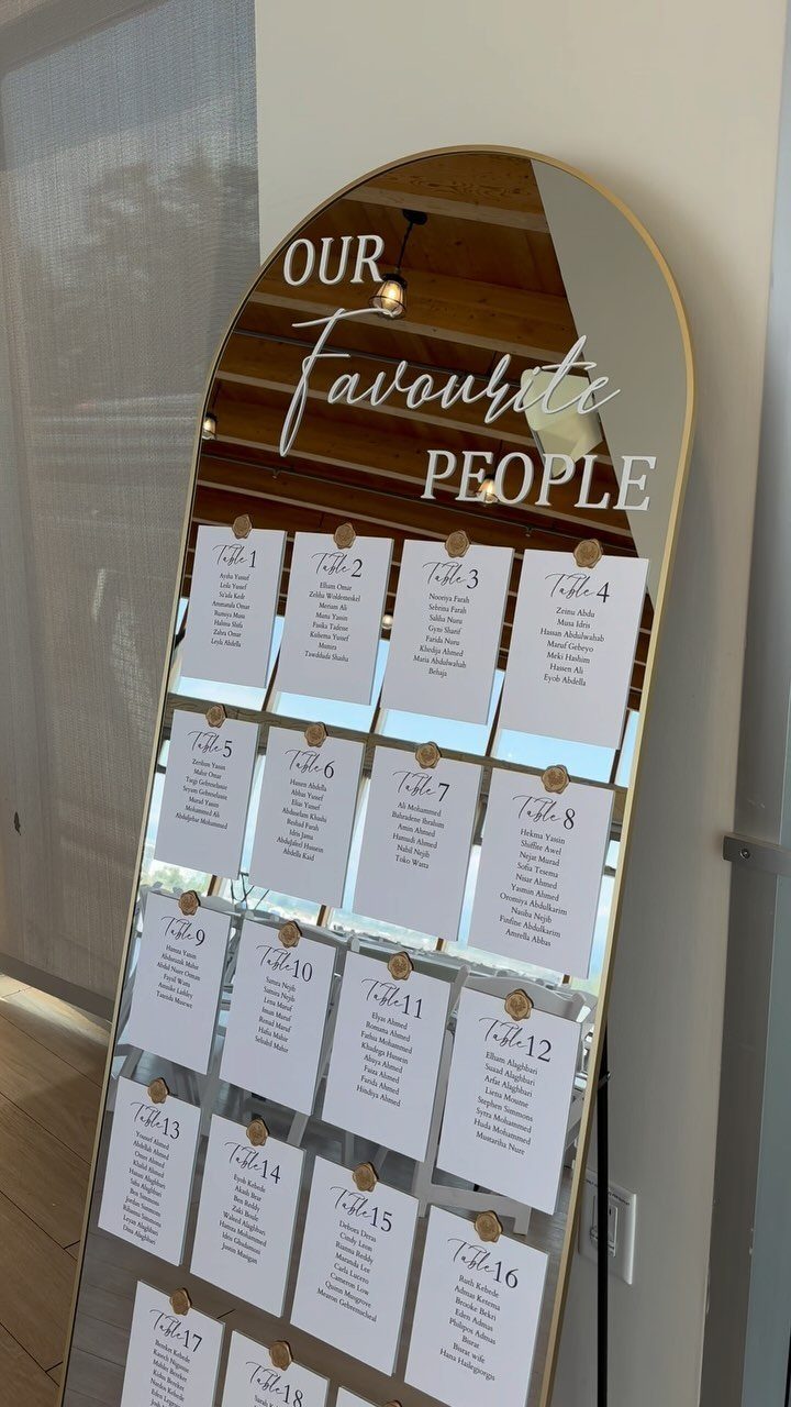 Arched gold-framed mirror seating chart with white guest list cards and calligraphy text.