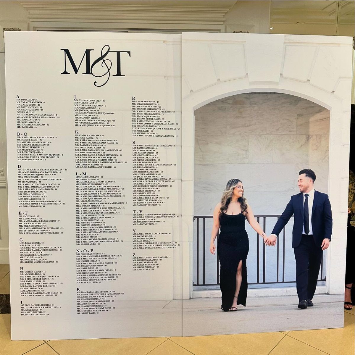 Alphabetical wedding seating chart board with a couple's photo and guest list.