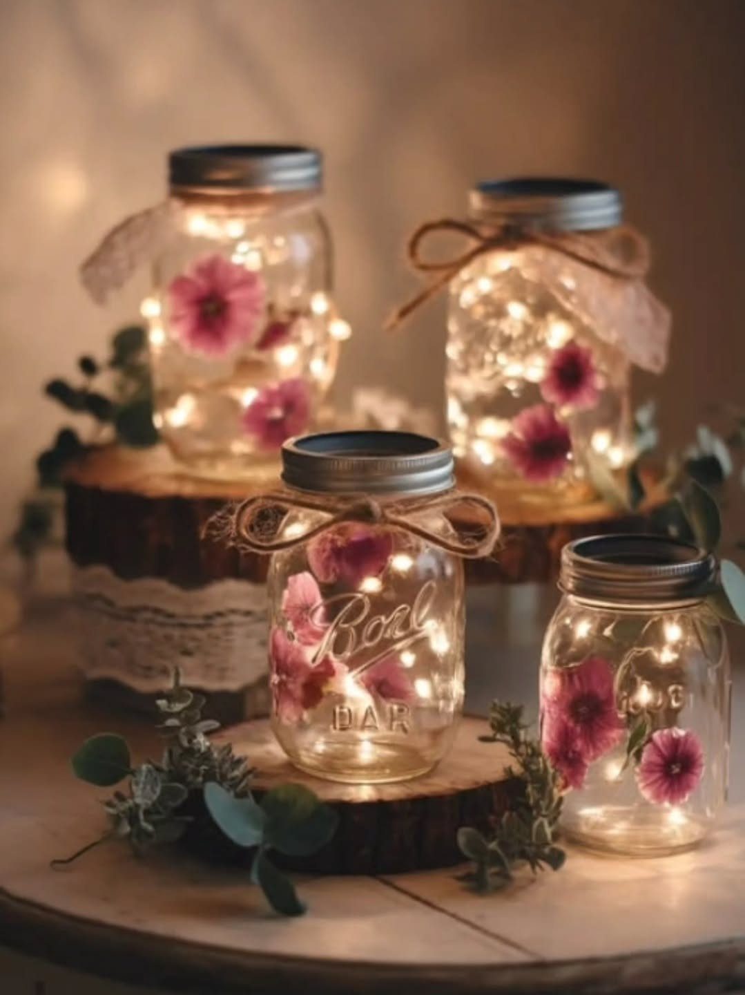 Mason jars with pink flowers and fairy lights on rustic wooden log slices.