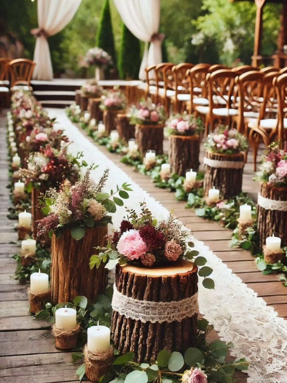 Wooden log pedestals with floral arrangements and white pillar candles along a lace aisle.