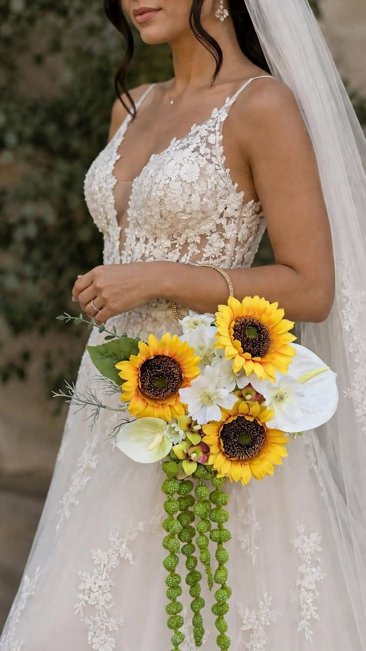 Bride holding a wedding bouquet with bright yellow sunflowers and white lilies.