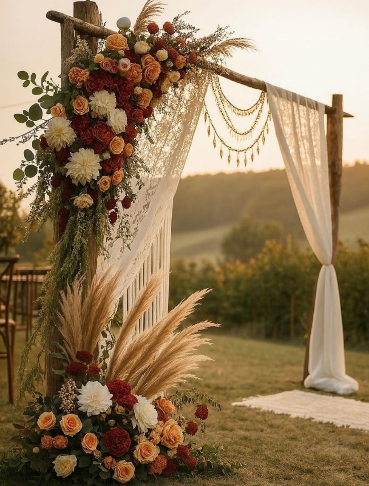 Wooden wedding arch adorned with red and orange flowers and white fabric draping.