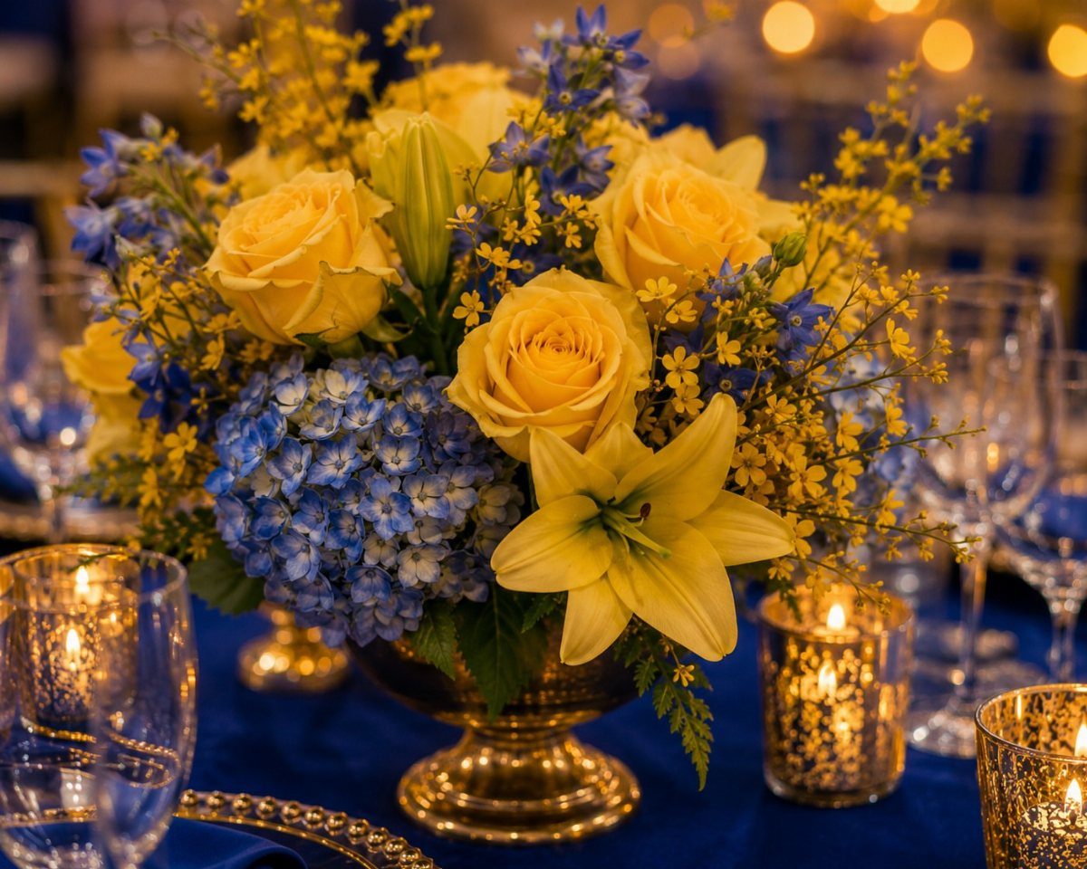 Yellow roses and blue hydrangeas in a gold vase on a navy tablecloth