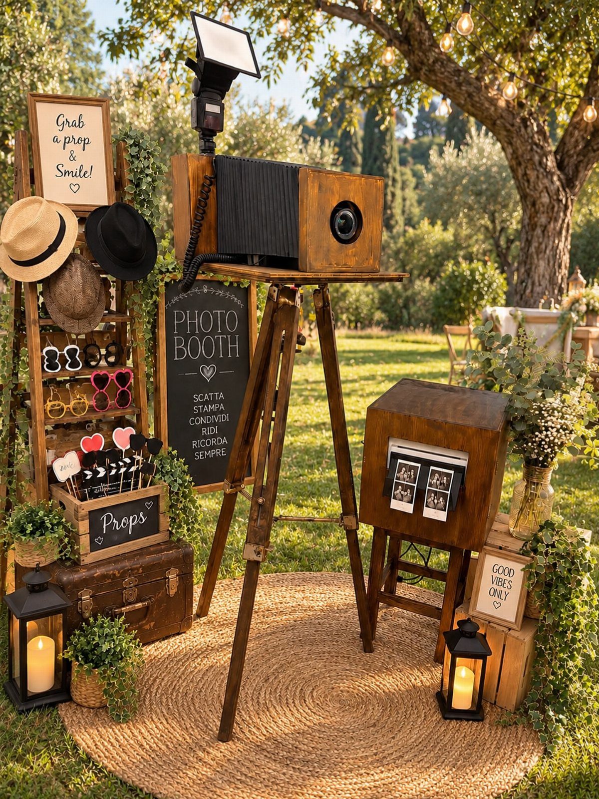 Vintage photo booth setup with a bellows camera, props, and lanterns outdoors.