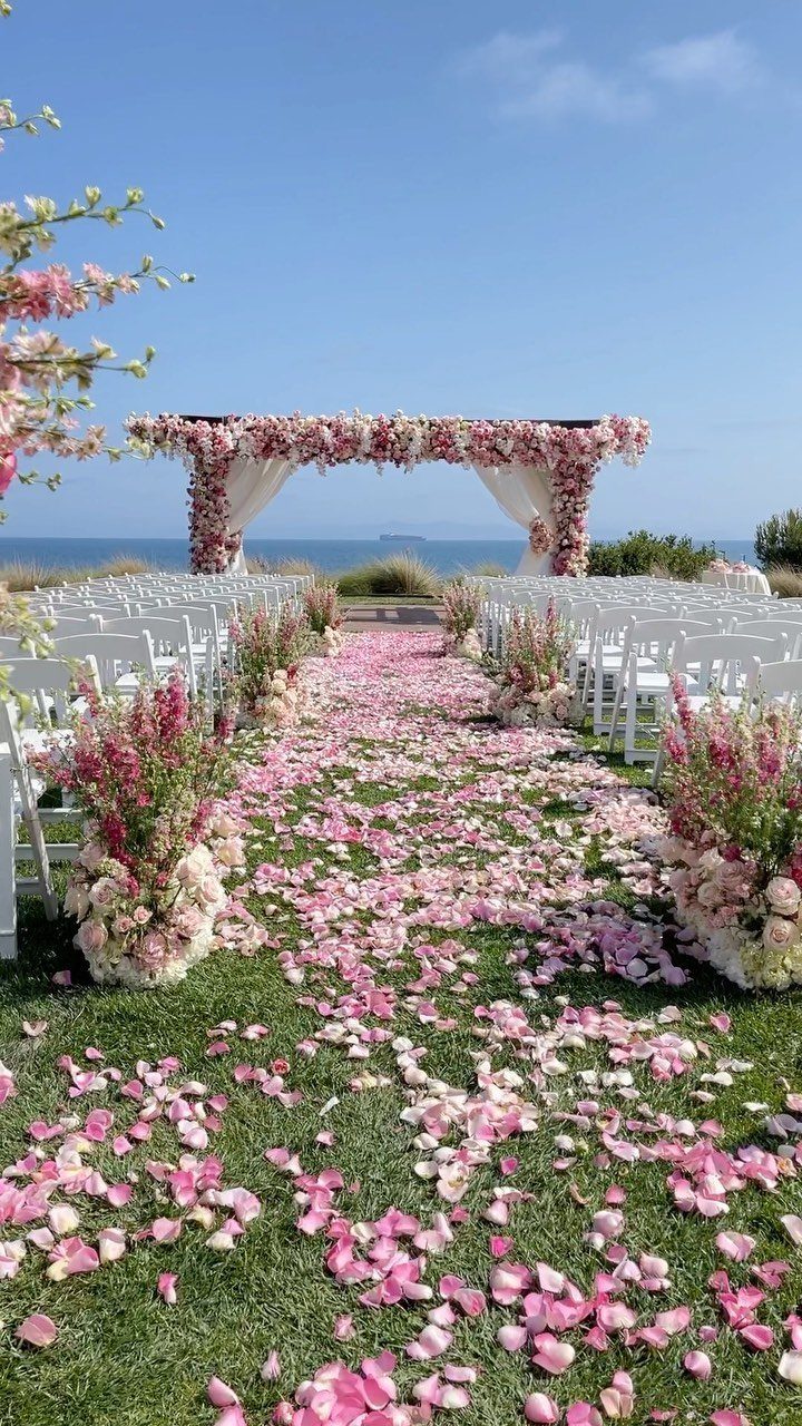 Outdoor wedding ceremony aisle with pink flower petals leading to a floral arch.