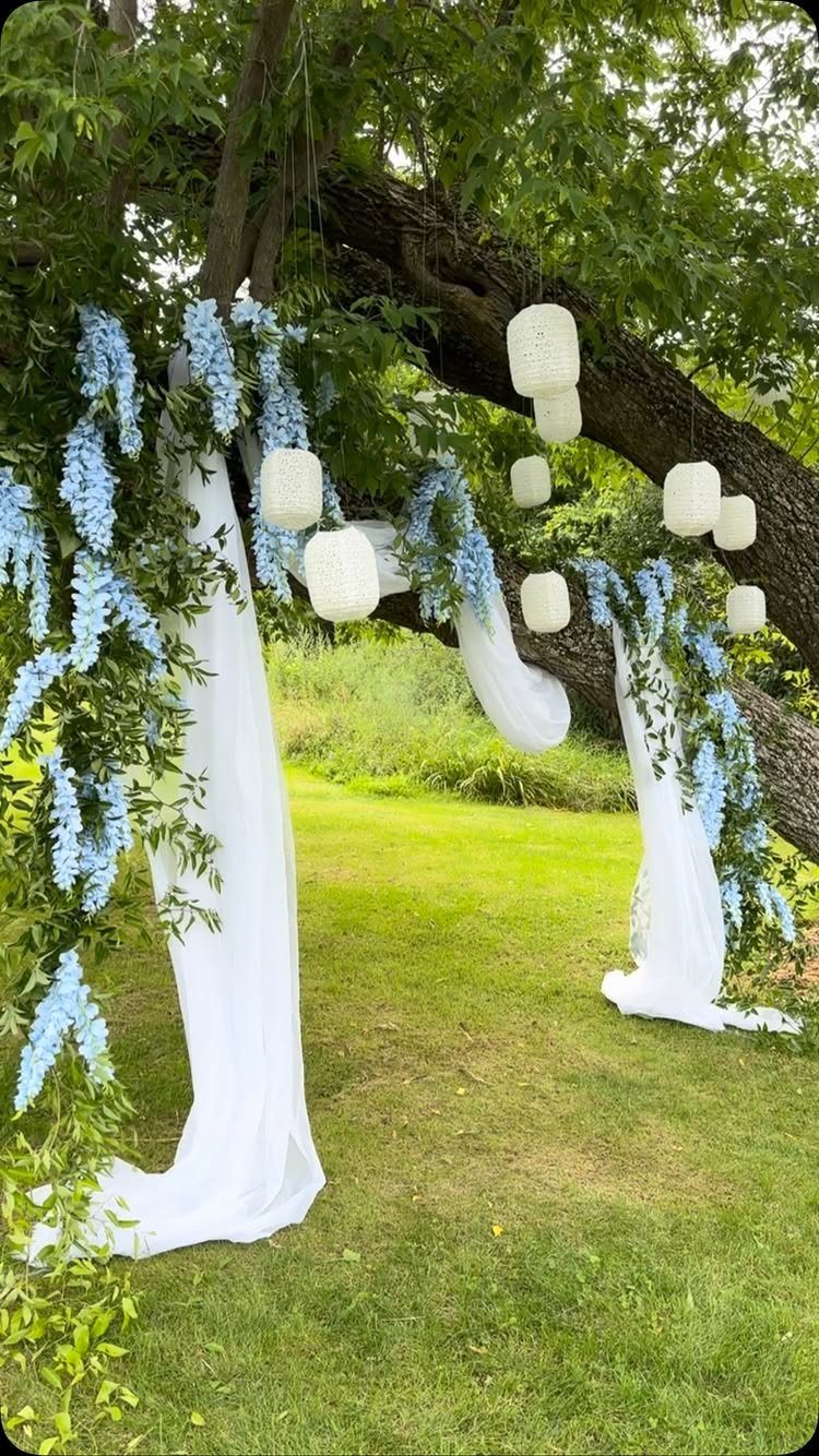 White paper lanterns and blue flowers hanging from a tree over white fabric drapes.