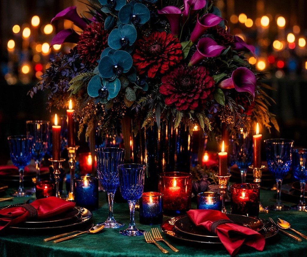 Luxurious table setting with emerald green cloth, sapphire blue glasses, and deep red florals.
