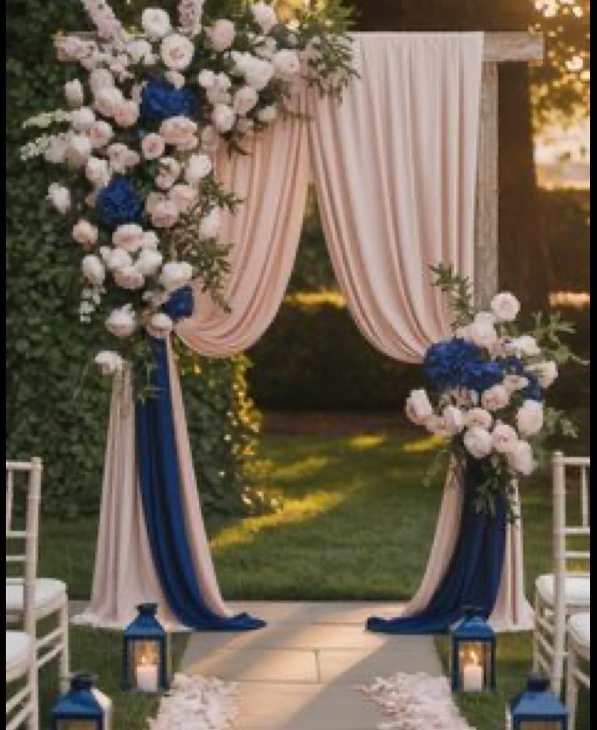 Wedding altar with cream and navy blue fabric drapes and matching floral arrangements.