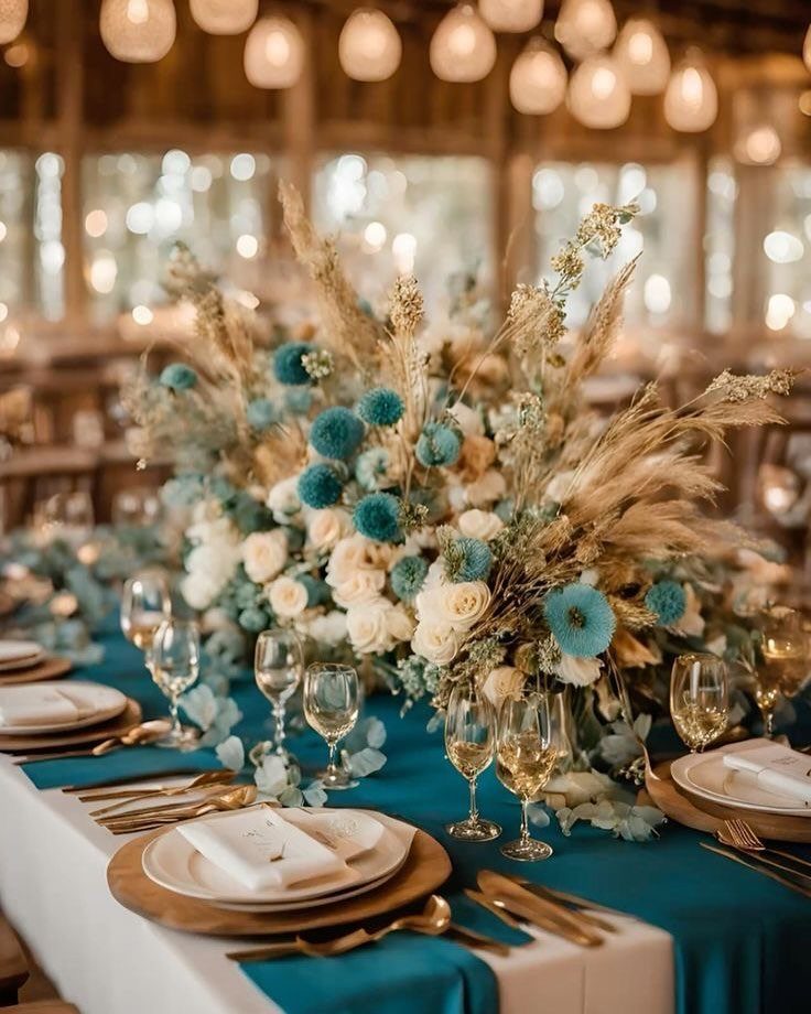 Teal and gold wedding table setting with white roses and pampas grass centerpiece.