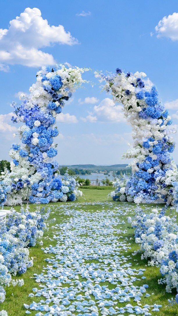 Blue and white floral wedding arch with petal-covered aisle on green grass.