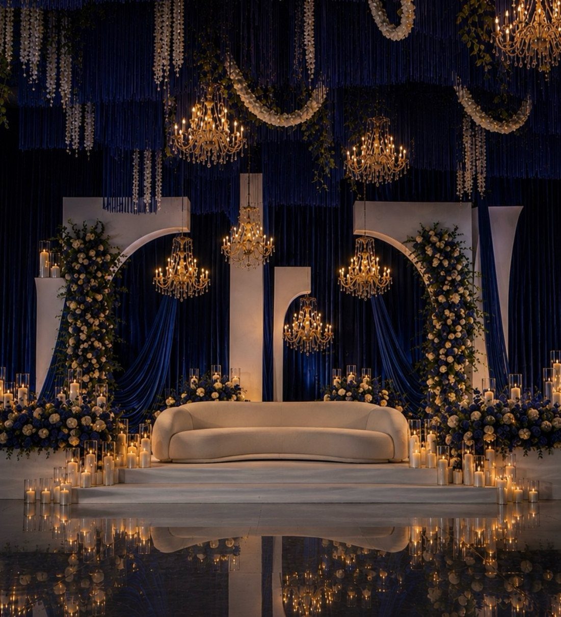 Midnight blue wedding stage with glowing chandeliers, warm candles, and a white sofa.