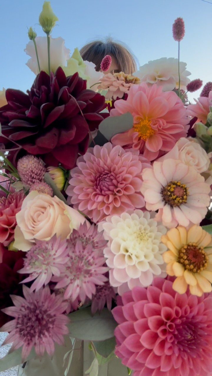 Bouquet of burgundy dahlias, peach zinnias, and cream roses against a blue sky.
