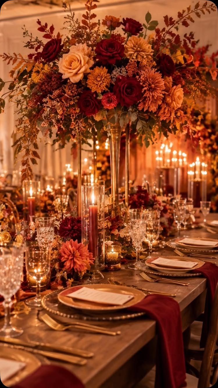 Burgundy and orange floral centerpieces on a wooden wedding table with gold accents.