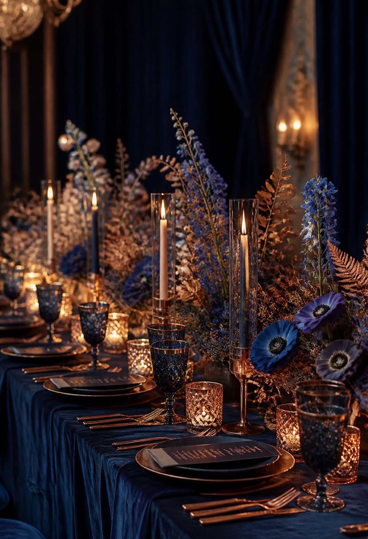 Navy blue table setting with copper cutlery, blue flowers, and glowing candles.