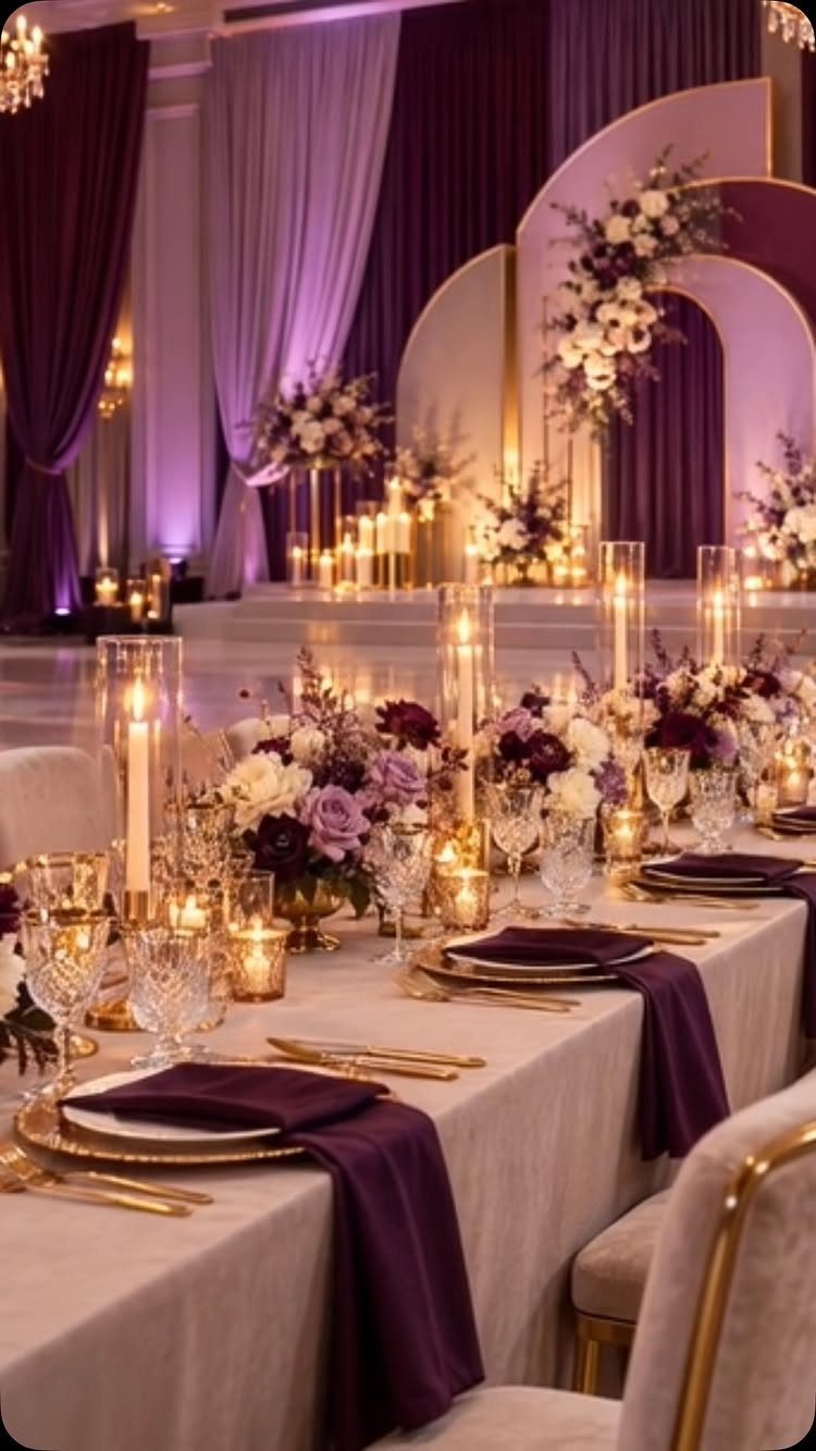 Elegant wedding table with beige linens, purple napkins, gold accents, and floral centerpieces.