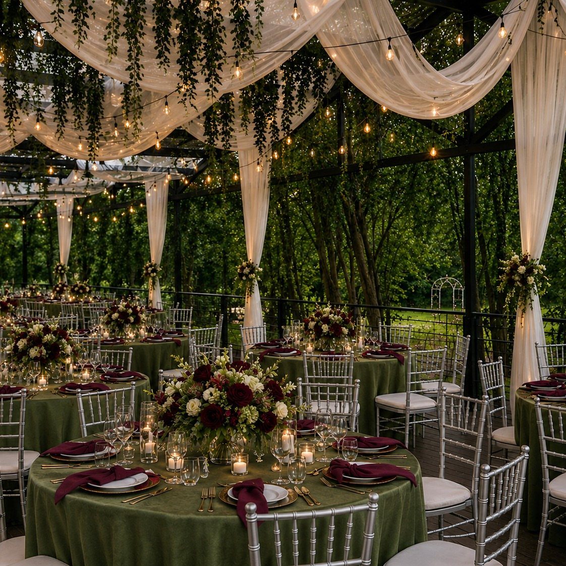 Olive green wedding tables with burgundy napkins under white draped fabric and lights.