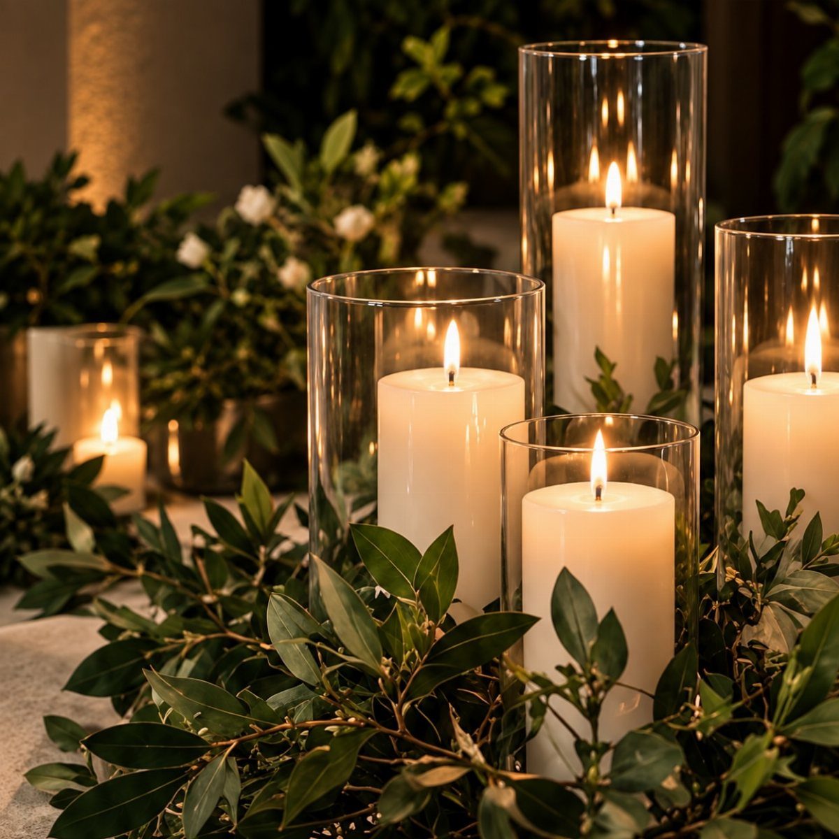White pillar candles in glass cylinders surrounded by green foliage in warm lighting