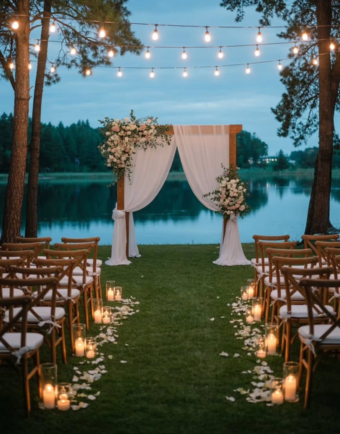 Outdoor wedding ceremony setup with string lights, floral arch, and candlelit aisle by lake