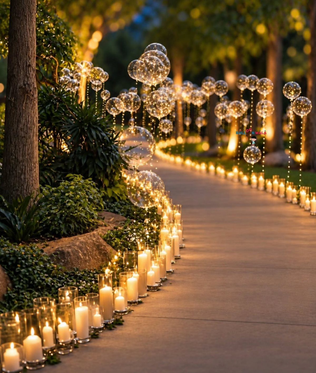 White votive candles in glass holders lining a path with floating light spheres.