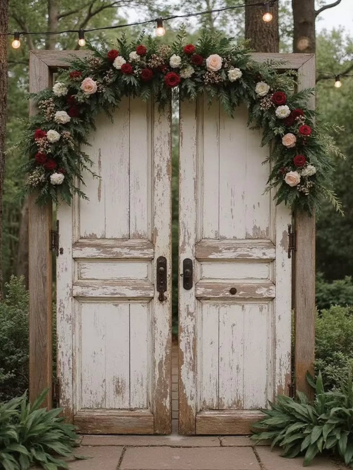 Distressed white double doors decorated with a red and pink rose floral arch.