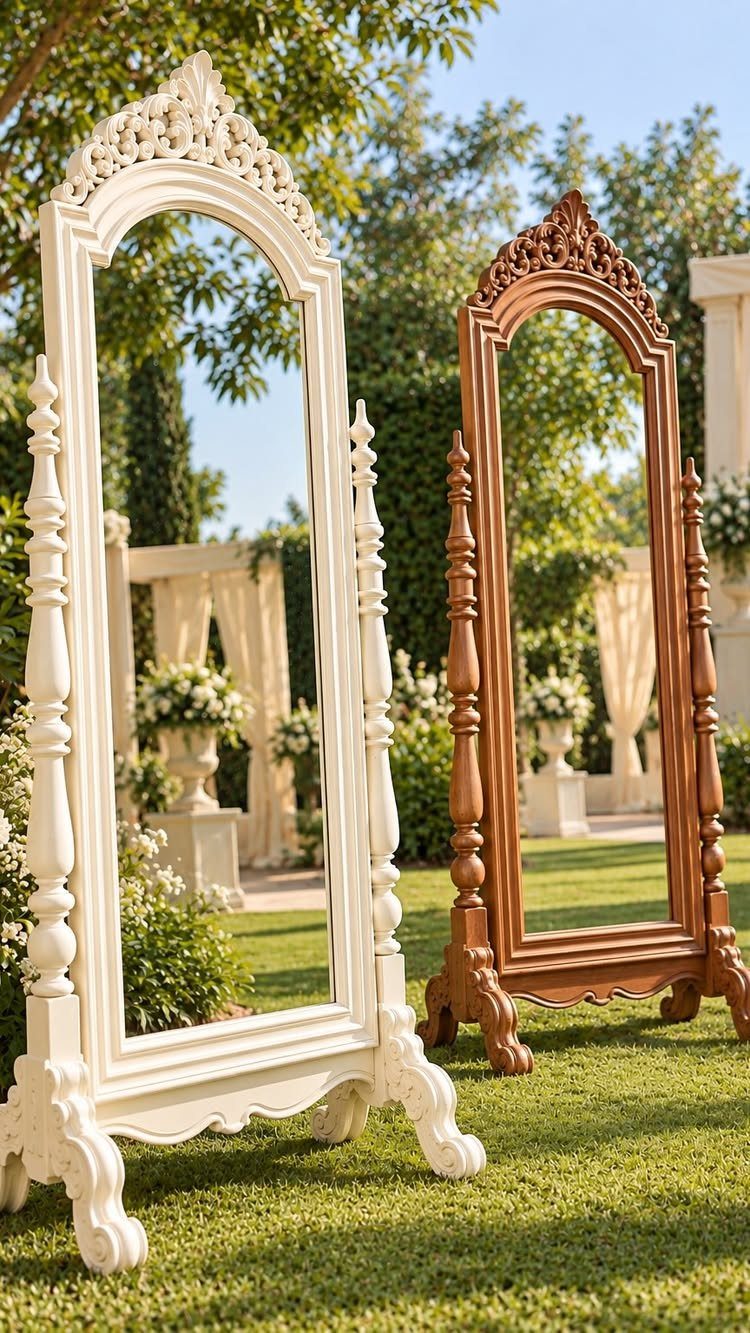Two ornate vintage mirrors, one cream and one brown, standing on green grass.