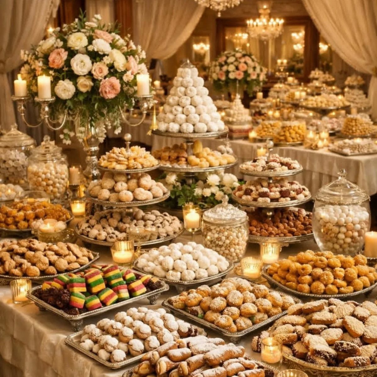 Dessert table with tiered platters of cookies and pastries, candles, and floral arrangements.