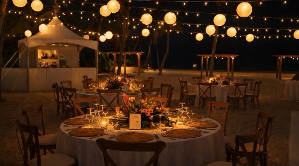 Nighttime beach wedding reception with white tables, floral centerpieces, and glowing paper lanterns.
