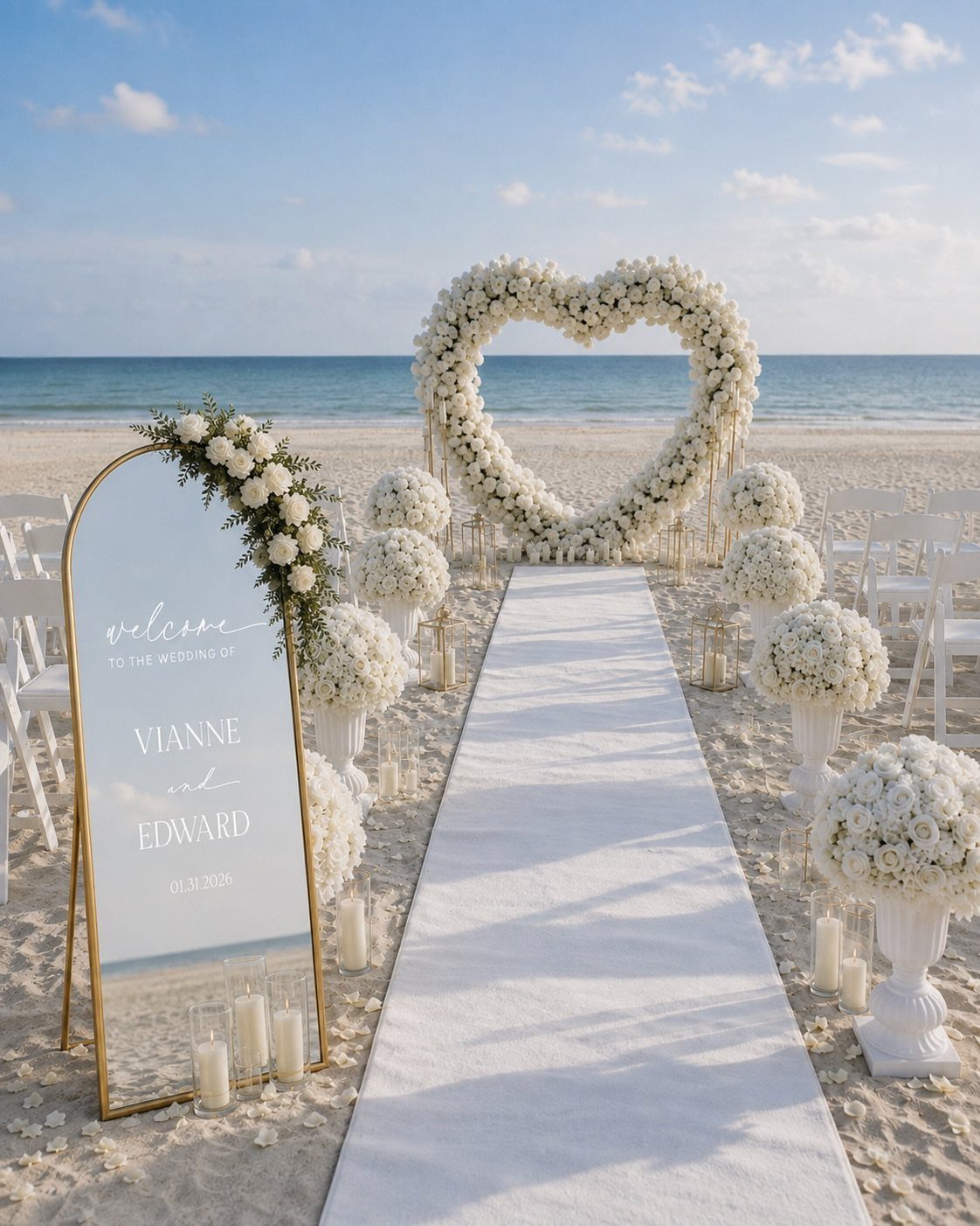 White floral heart arch and aisle runner on a sandy beach wedding ceremony
