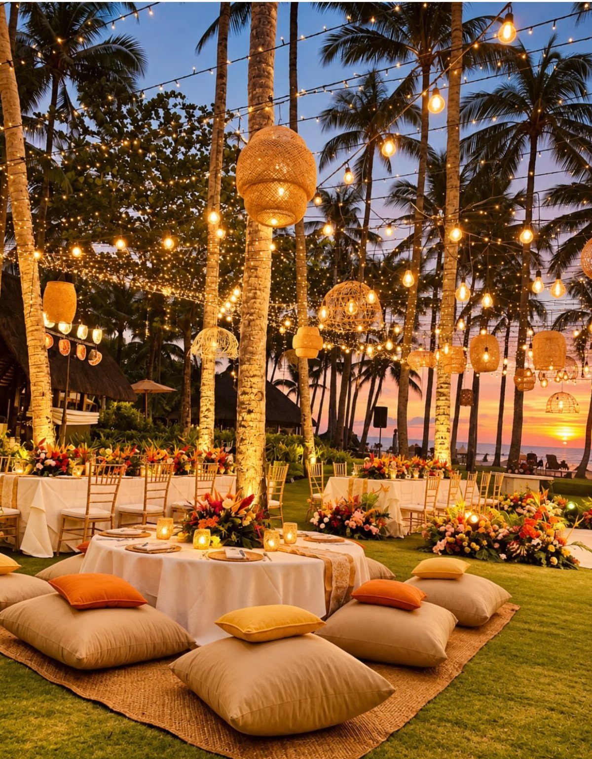 Beach wedding reception with white tables, orange cushions, and glowing string lights in palms