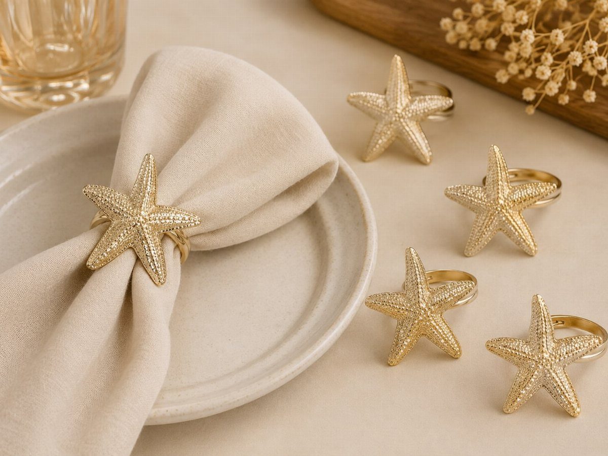 Gold starfish napkin rings on a beige napkin and white ceramic plate.