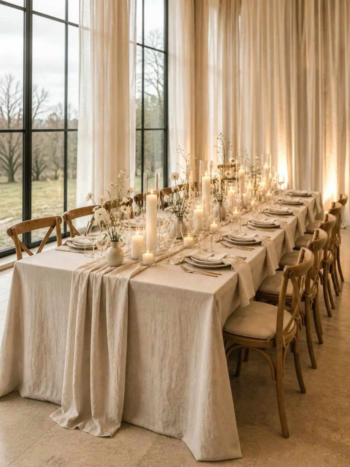 Beige linen table runner paired with white candles and bud vases on a table.