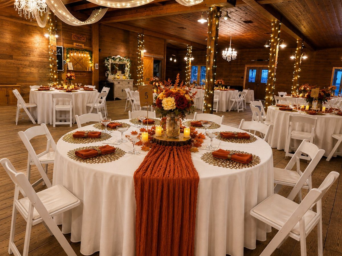 Wedding reception tables with orange runners and string lights wrapped around wooden pillars
