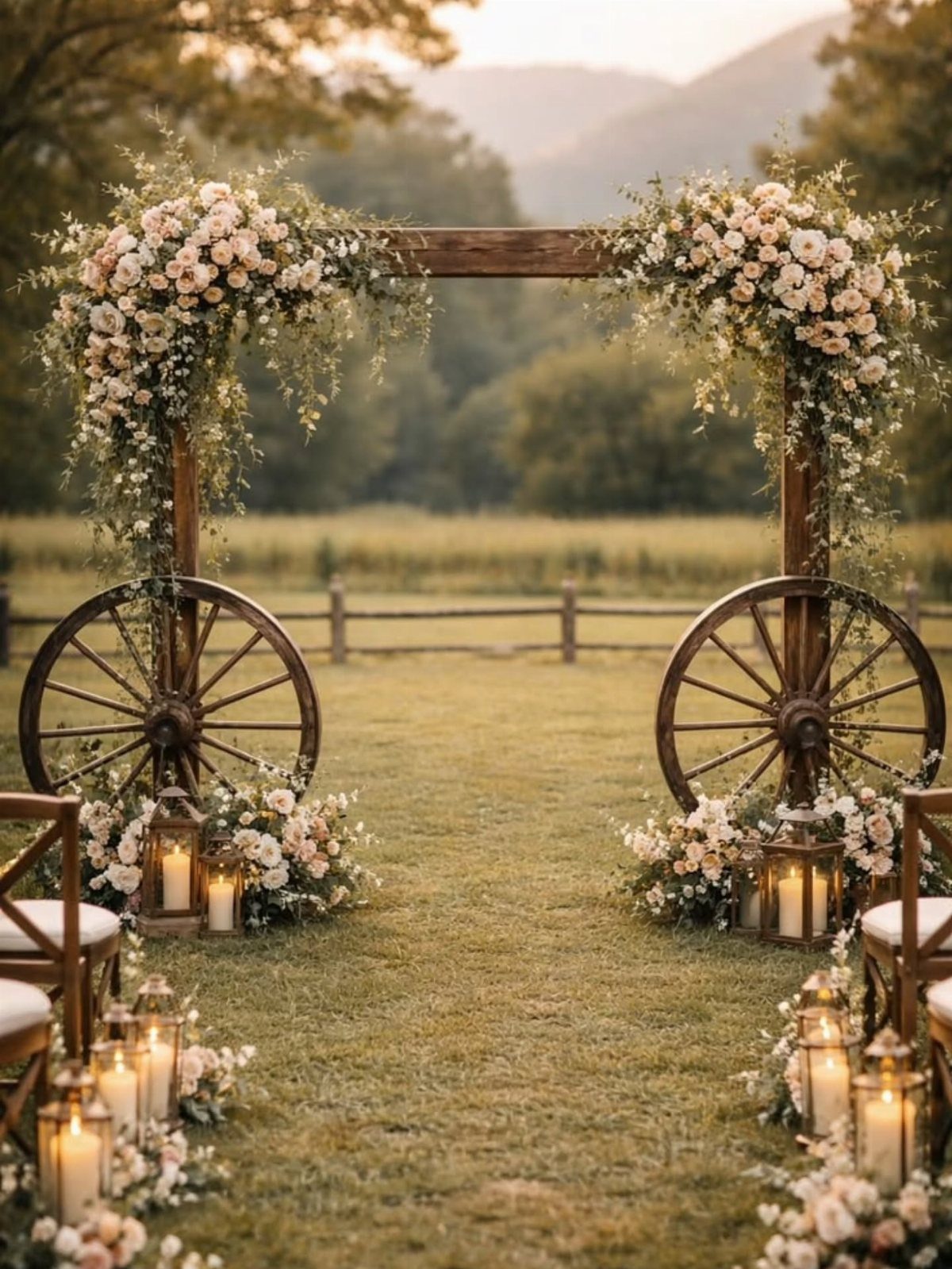 Wooden wedding arch with pale roses, wagon wheels, and lanterns in a field